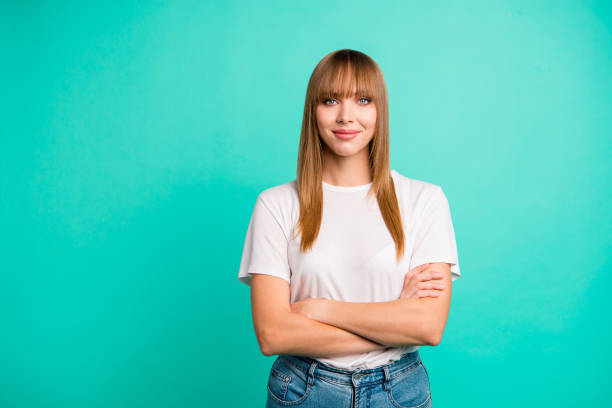 istock Portrait attractive lovely charming millennial satisfied future leader optimistic want be strict serious education learning studying concept modern youth outfit t-shirt jeans isolated teal background 1152176357