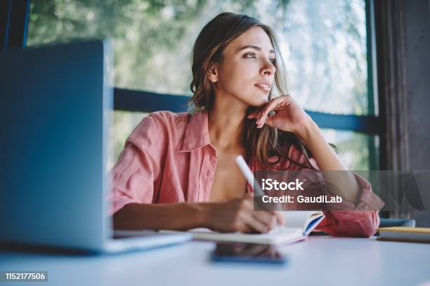 Pondering Young Woman Looking Away While Making Notes And Thinking On Creative Ideas For Developing Own Internet Websitethoughtful Hipster Student Writing Down Information In Notepad Sitting At Table Stock Photo - Download Image Now