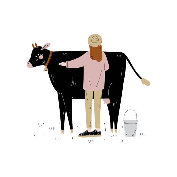 istock Woman Standing Next to Spotted Cow, Dairy Cattle Animal Husbandry Breeding Vector Illustration 1152177665