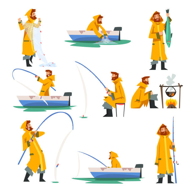 Fisherman Fishing with Net and Fishing Rod in Boat, Man Cooking on Bonfire Vector Illustration Fisherman Fishing with Net and Fishing Rod in Boat, Man Cooking on Bonfire Vector Illustration on White Background. fisherman stock illustrations
