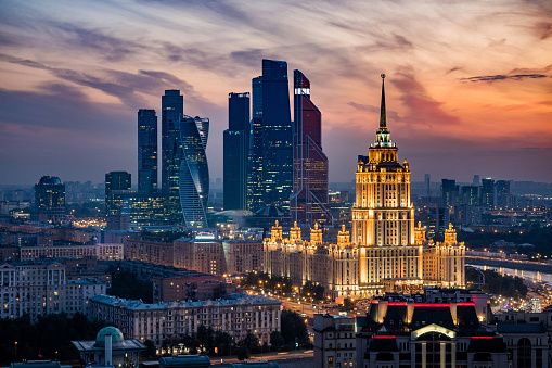 Aerial view of Moscow City skyline at sunset showing architectural landmarks and International Business Center in Moscow, Russia.