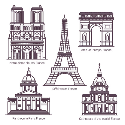 Famous landmarks of France in thin line. Notre-Dame church and Paris pantheon, Eiffel tower and arch of triumph, Cathedral of the invalid or les invalides.Architecture,historical building, sightseeing