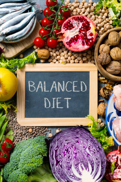 istock fruits, vegetables, fish, meat, text balanced diet 1152182635
