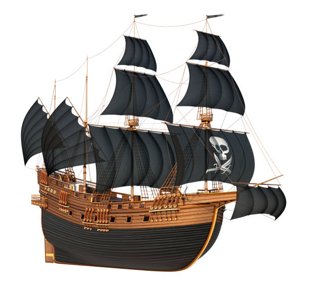 istock Old sailing pirate ship with black sails and a skull with daggers 1152184546