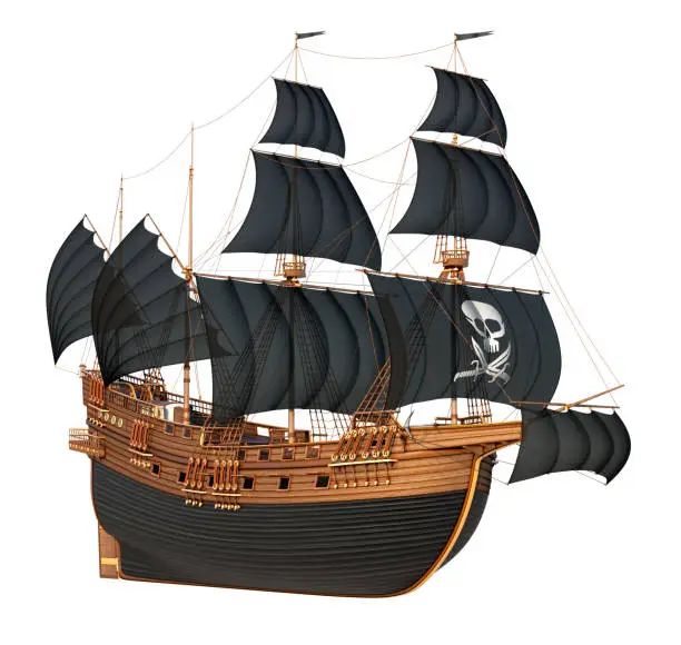 Old sailing pirate ship with black sails and a skull with daggers. 3d illustration isolated on white