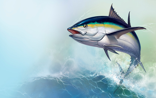 Black fin tuna jumps out of the sea. Realistic illustration of a big fish on the background of large sea waves.