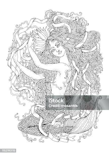 Vector Drawing Fantastic Sea Mermaid Sitting With Wavy Developing Hair And Long Tangled Ribbon Ornamental Decorated Graphic Coloring Page Sea Nymph Design Card Print On Tshirt On White Back Stock Illustration - Download Image Now