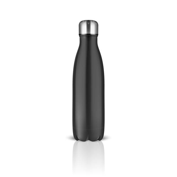 Vector Realistic 3d Black Empty Glossy Metal Reusable Water Bottle with Silver Bung Closeup on White Background. Design Template of Packaging for Mock up, Package, Advertising, Logo. Front View Vector Realistic 3d Black Empty Glossy Metal Reusable Water Bottle with Silver Bung Closeup on White Background. Design Template of Packaging for Mock up, Package, Advertising, Logo. Front View. hipflask stock illustrations