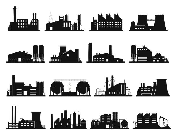 ilustraciones, imágenes clip art, dibujos animados e iconos de stock de conjunto de construcción de fábricas, industria de la ciudad y silueta comercial - fábrica