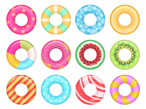 Rubber swimming ring set, sea fun and security Rubber swimming ring set, sea fun and security. Saver buoy. Vector flat style cartoon illustration isolated on white background inflated pool stock illustrations