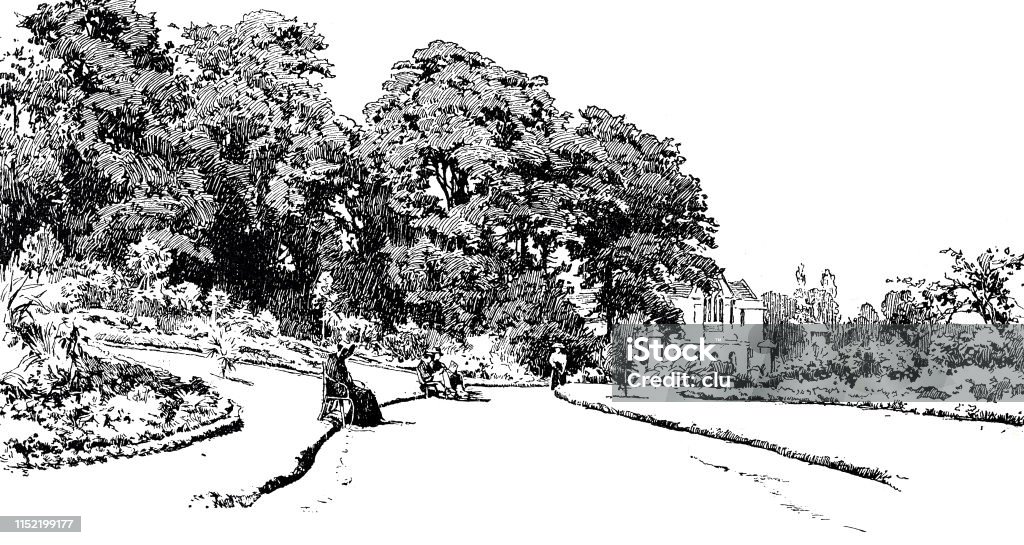 Recreation park in a spa Illustration from 19th century Landscape - Scenery stock illustration