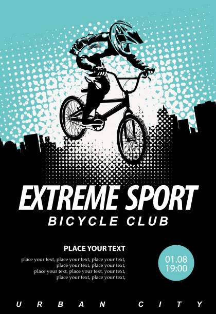 vector banner on the theme of extreme Cycling Vector banner or flyer with cyclist on the bike and words Extreme sport on the urban background. Poster for bicycle club, extreme sports with place for text bicycle backgrounds stock illustrations