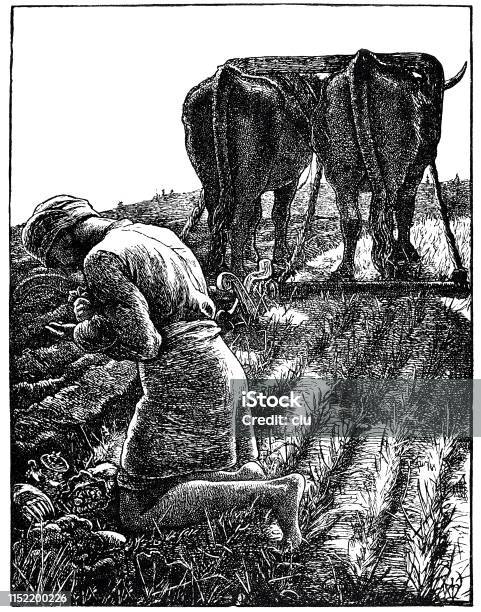 Farmer Ploughing Stock Illustration - Download Image Now - Plow, Plowing, Wild Cattle