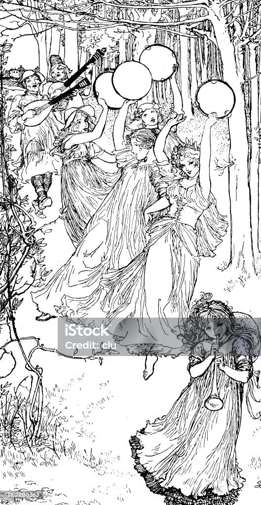 Dancing women in the forest Illustration from 19th century Flute - Musical Instrument stock illustration