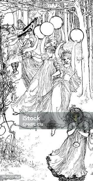 Dancing Women In The Forest Stock Illustration - Download Image Now - Flute - Musical Instrument, 19th Century, 2019