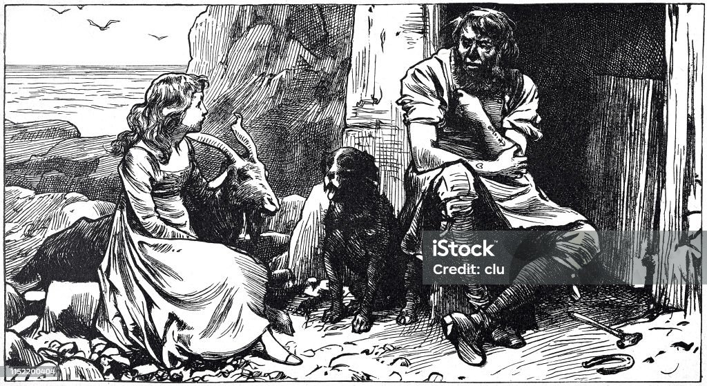 Couple at the sea Illustration from 19th century Ram - Animal stock illustration