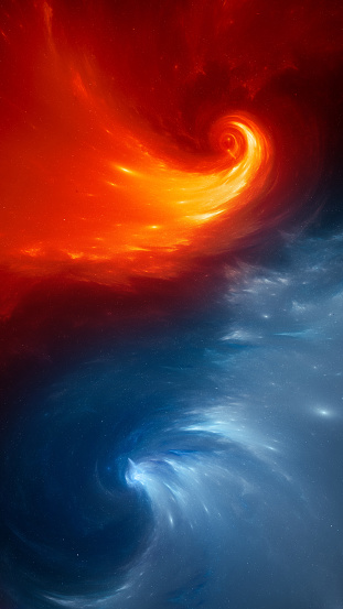 Fiery and icy glowing double spiral nebula in space smartphone template, computer generated abstract background, 3D rendering