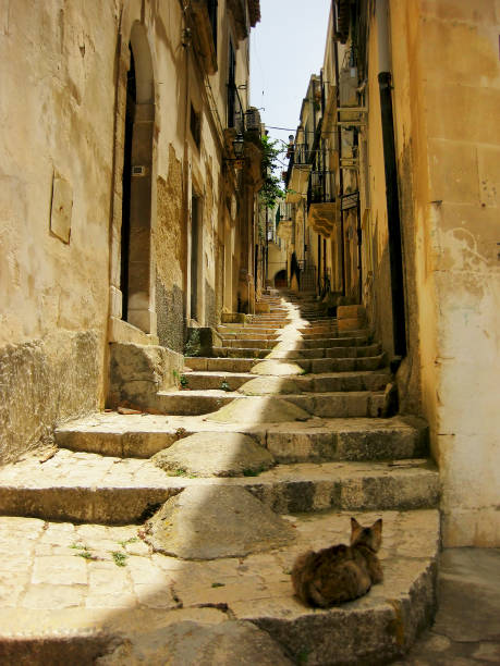 escalera de piedra de callejón en scicli. sicilia, italia - scicli fotografías e imágenes de stock