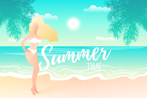 ilustraciones, imágenes clip art, dibujos animados e iconos de stock de chica de verano en la playa - swimwear vector non urban scene text