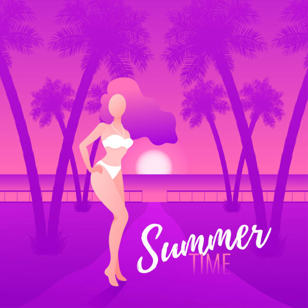 ilustraciones, imágenes clip art, dibujos animados e iconos de stock de chica en sunset beach - swimwear vector non urban scene text