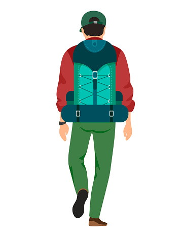 A man walks with a backpack back view. Man of active recreation and tourism. Vector illustration on white background.