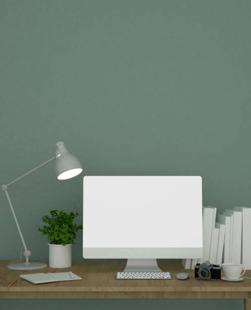 istock Office space or workplace on green wall decoration.  Work space on green tone design for artwork. 3D Rendering 1152204372