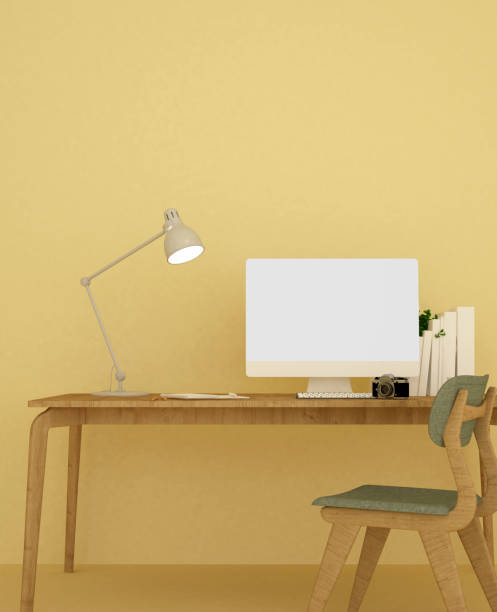 istock Office space or workplace on yellow wall decoration.  Work space on yellow tone design for artwork. 3D Rendering 1152204402
