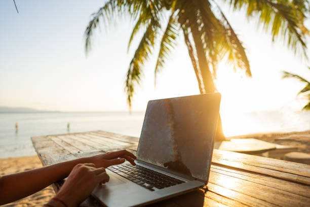 girl freelancer working on the sea at sunset with a computer - on beach laptop working imagens e fotografias de stock