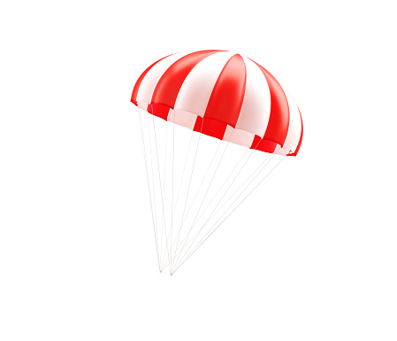 Red and white striped parachute on white background. Horizontal composition with copy space.