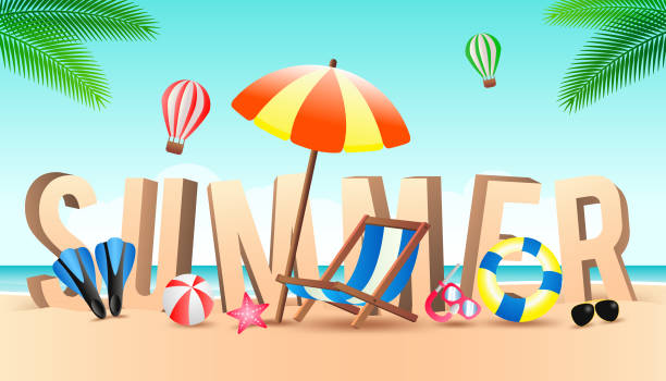 istock Summer sale offer banner decorative element with its symbol in front of big sandy text, modern and fashionable design 1152209119