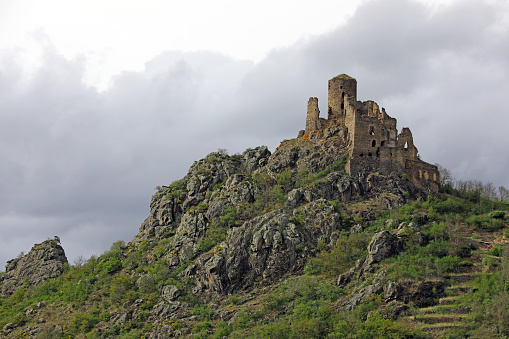 Ruins of medieval castle named “Chateau de leotoing”. Puy-de-dome, Auvergne, France