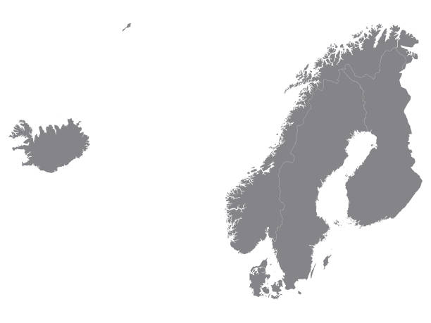 ilustrações, clipart, desenhos animados e ícones de mapa cinzento de escandinávia no fundo branco - países nórdicos
