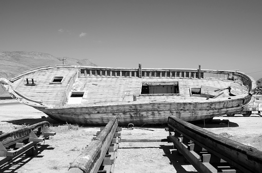 Old rust deck of boat and track on the ship yard at sea coast dock