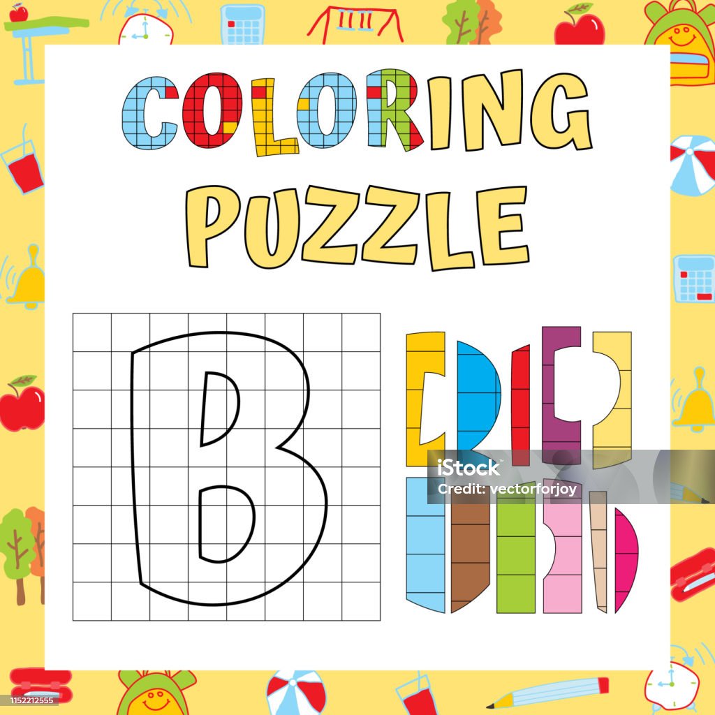 Alphabet Coloring Puzzle. Logic and Writing Educational Exercise. Fine Motor Skills Worksheet. Vector illustration. Alphabet stock vector