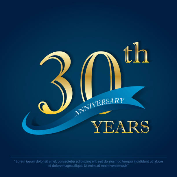 anniversary celebration emblem 30th year anniversary golden logo with blue ribbon on dark blue background, vector illustration template design for celebration greeting card and invitation anniversary celebration emblem 30th year anniversary golden logo with blue ribbon on dark blue background, vector illustration template design for celebration greeting card and invitation 30th anniversary stock illustrations