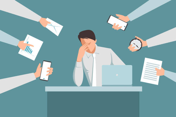 Exhausted executive in middle of multiple tasks Exhausted executive in middle of multiple tasks businessman stock illustrations