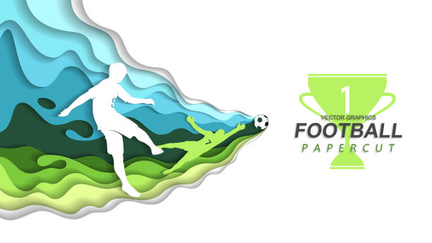 Paper cut football Paper cut football. Footballer kicks the ball into the goal. The goalkeeper catches the ball. Eps10 vector sporting level stock illustrations