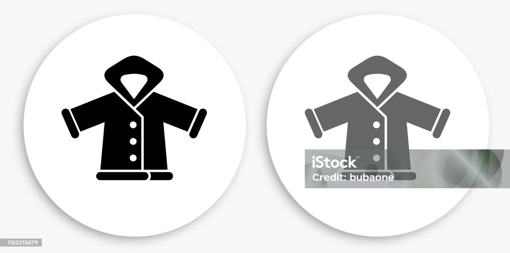 Winter Jacket Black and White Round Icon Winter Jacket Black and White Round Icon. This 100% royalty free vector illustration is featuring a round button with a drop shadow and the main icon is depicted in black and in grey for a roll-over effect. Black And White stock vector