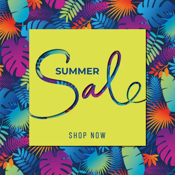 Vector illustration of Summer tropical sale banner with palm leaves and exotic plants.
