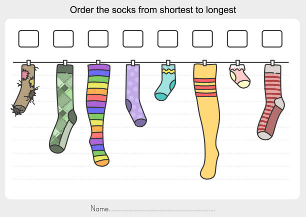 stockillustraties, clipart, cartoons en iconen met meet werkblad-bestel de sokken van kortste naar langste. - lange sokken