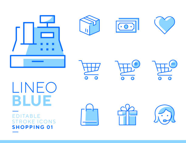 lineo blue - ikony linii zakupów i e-commerce - cash register e commerce technology shopping cart stock illustrations