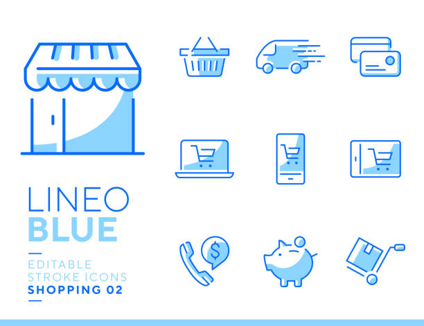 lineo 블루 쇼핑 및 전자 상거래 라인 아이콘 - laptop retail e commerce store stock illustrations