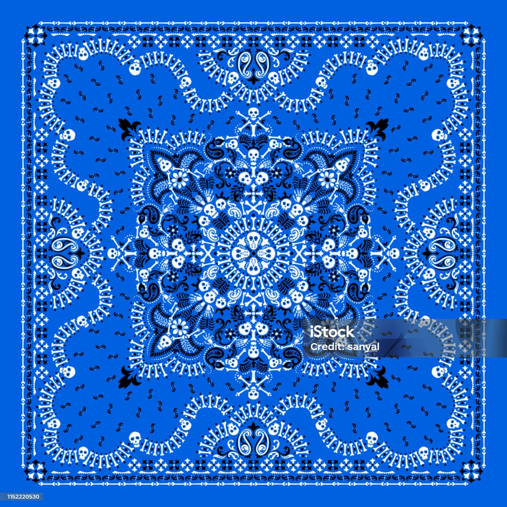 Vector ornament paisley, skulls and bones Bandana Print, fabric neck scarf or kerchief square pattern Pirate design style for print on textile Vector ornament paisley, skulls and bones Bandana Print, fabric neck scarf or kerchief square pattern design style for print on textile. Bandana stock vector