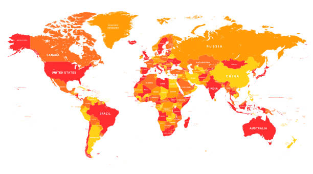 국가 국경 벡터 세계지도. 지도에 추상적 인 빨간색과 노란색 세계 국가 - argentina australia stock illustrations