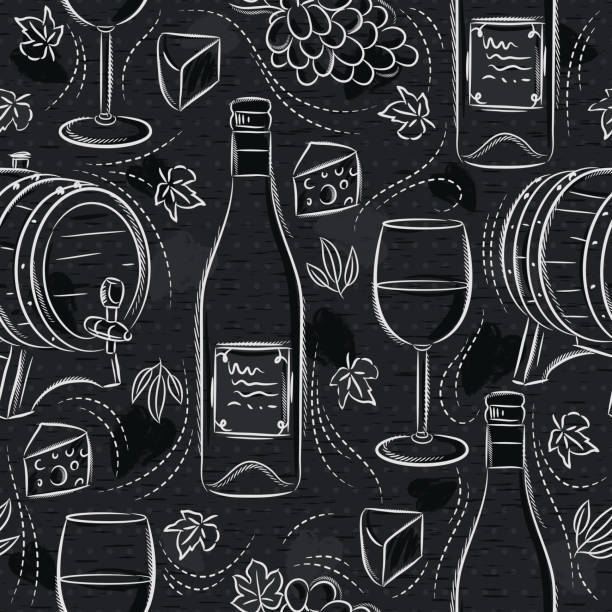 ilustrações de stock, clip art, desenhos animados e ícones de seamless patterns with white wine set, cask, wineglass, barrel, grape and cheese on black chalkboard. ideal for printing onto fabric and paper or scrap booking. - wine glass white wine wineglass