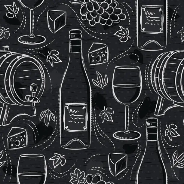 Vector illustration of Seamless patterns with white wine set, cask, wineglass, barrel, grape and cheese on black chalkboard. Ideal for printing onto fabric and paper or scrap booking.