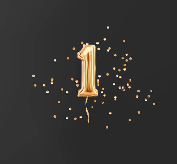 One year birthday. Number 1 flying foil balloon and gold confetti on black. One-year anniversary background. One year birthday. Number 1 flying foil balloon and gold confetti on black. One-year anniversary background. gold number 1 stock illustrations