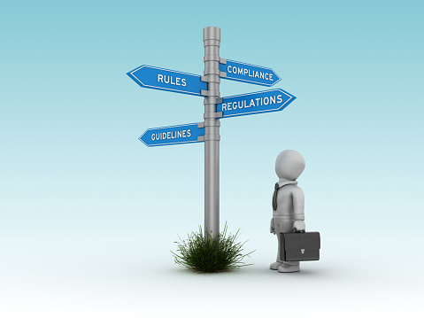 COMPLIANCE RULES REGULATIONS GUIDELINES Directional Sign with Business Character - Blue Background - 3D Rendering