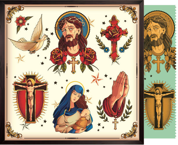 illustrazioni stock, clip art, cartoni animati e icone di tendenza di simboli classici del cristianesimo - cattolicesimo illustrazioni