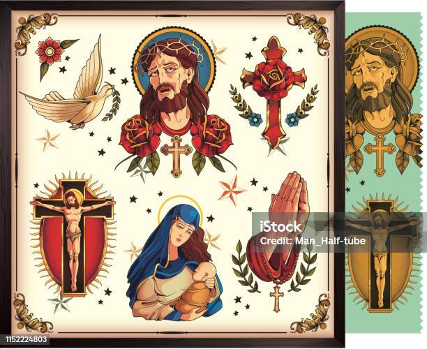 Classic Symbols Of Christianity Stock Illustration - Download Image Now - Tattoo, Jesus Christ, Hand